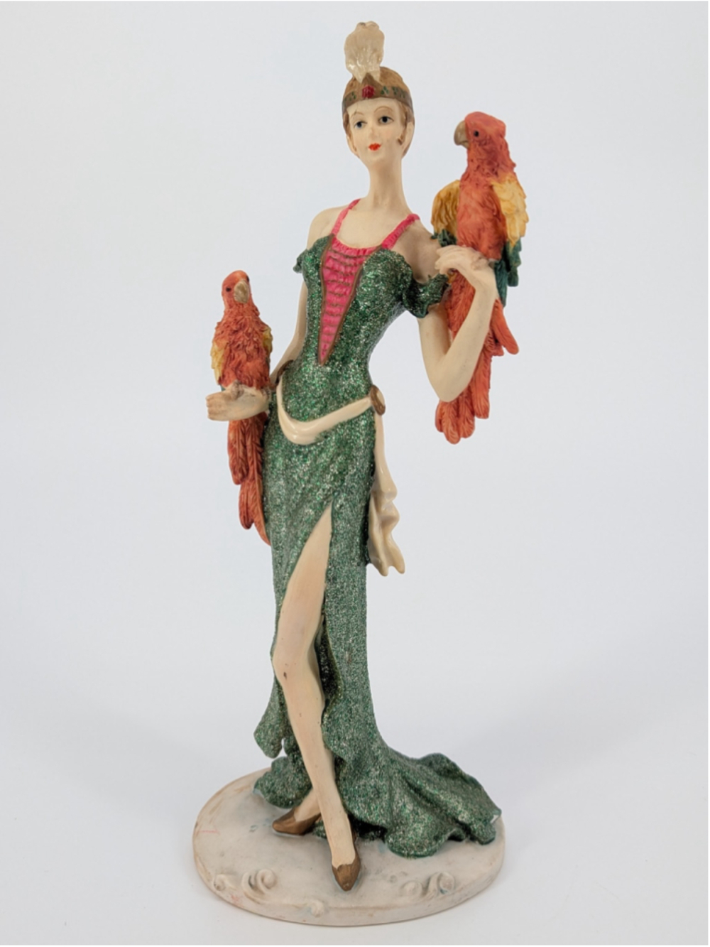 Albert Price 1991 Flapper Lady Parrots Green Glitter Art Deco Figurine 14" AS IS